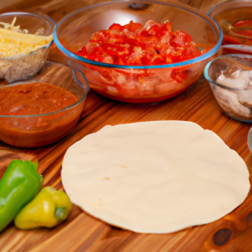 Fresh ingredients laid out for making a homemade taco pizza, including pizza dough, ground beef, and salsa.