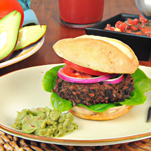 A vegetarian black bean burger with avocado and salsa